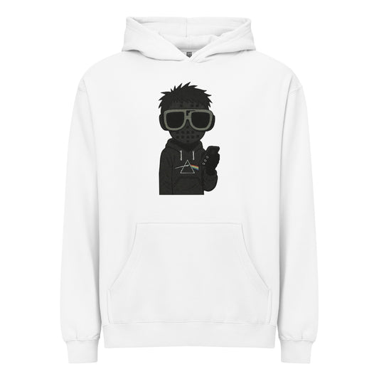 White hoodie with a black graphic of a person wearing sunglasses and a hoodie on a white background