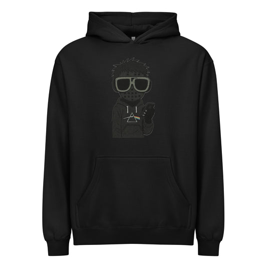 Black hoodie with a graphic design on a white background