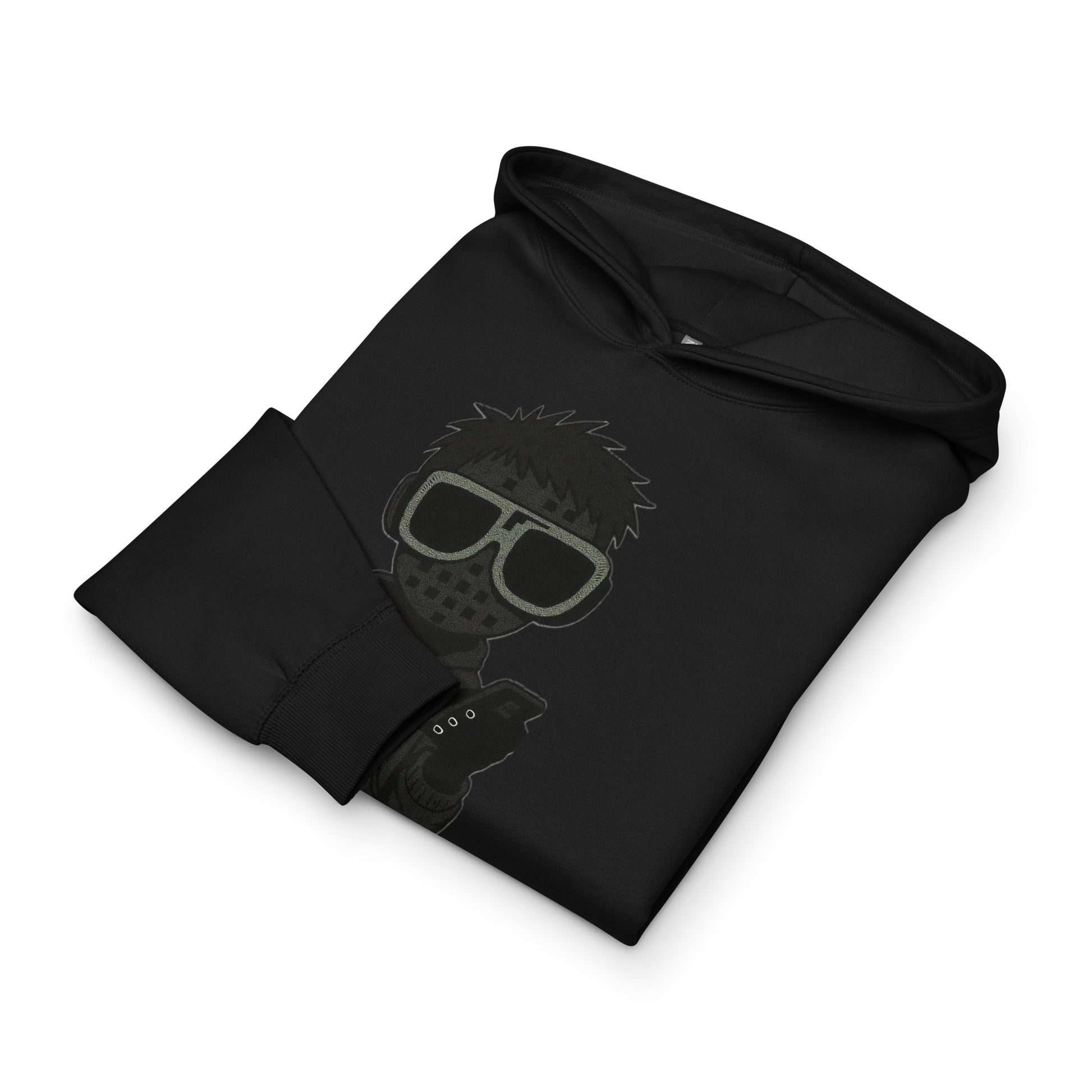 Black hoodie with a graphic design on a white background