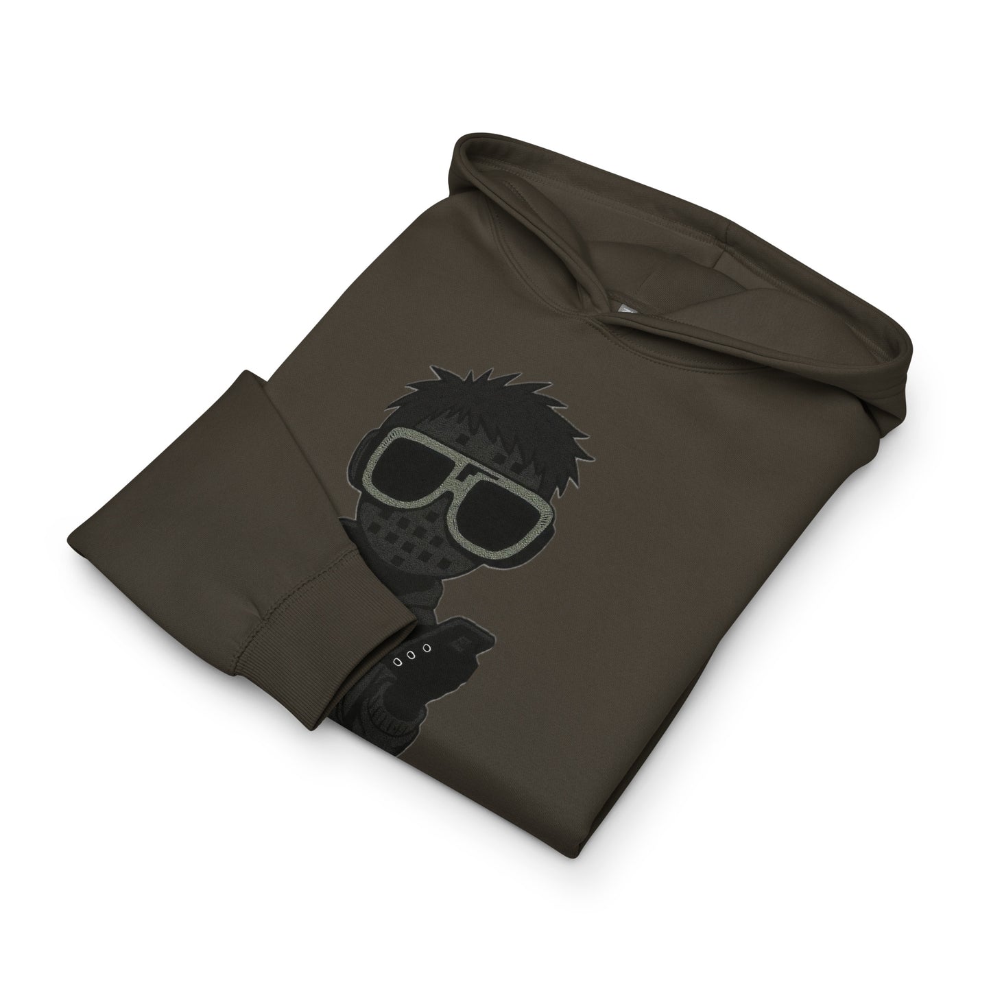 Folded hoodie with a graphic design on a white background