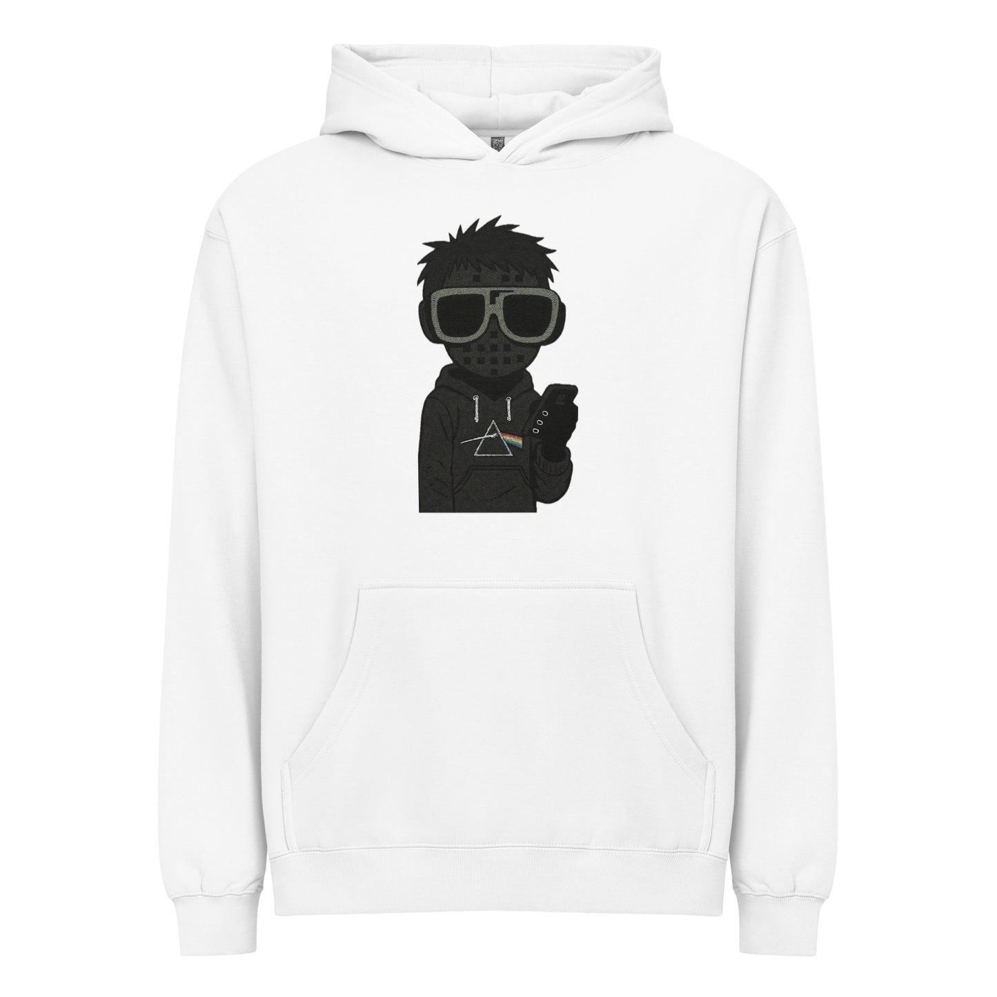 White hoodie with a black graphic of a person wearing sunglasses and a hoodie on a white background