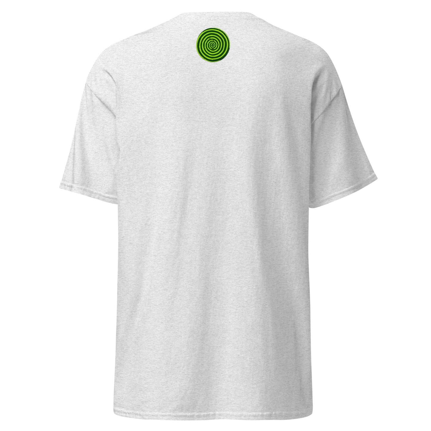 White t-shirt with a green circular design on the back against a white background