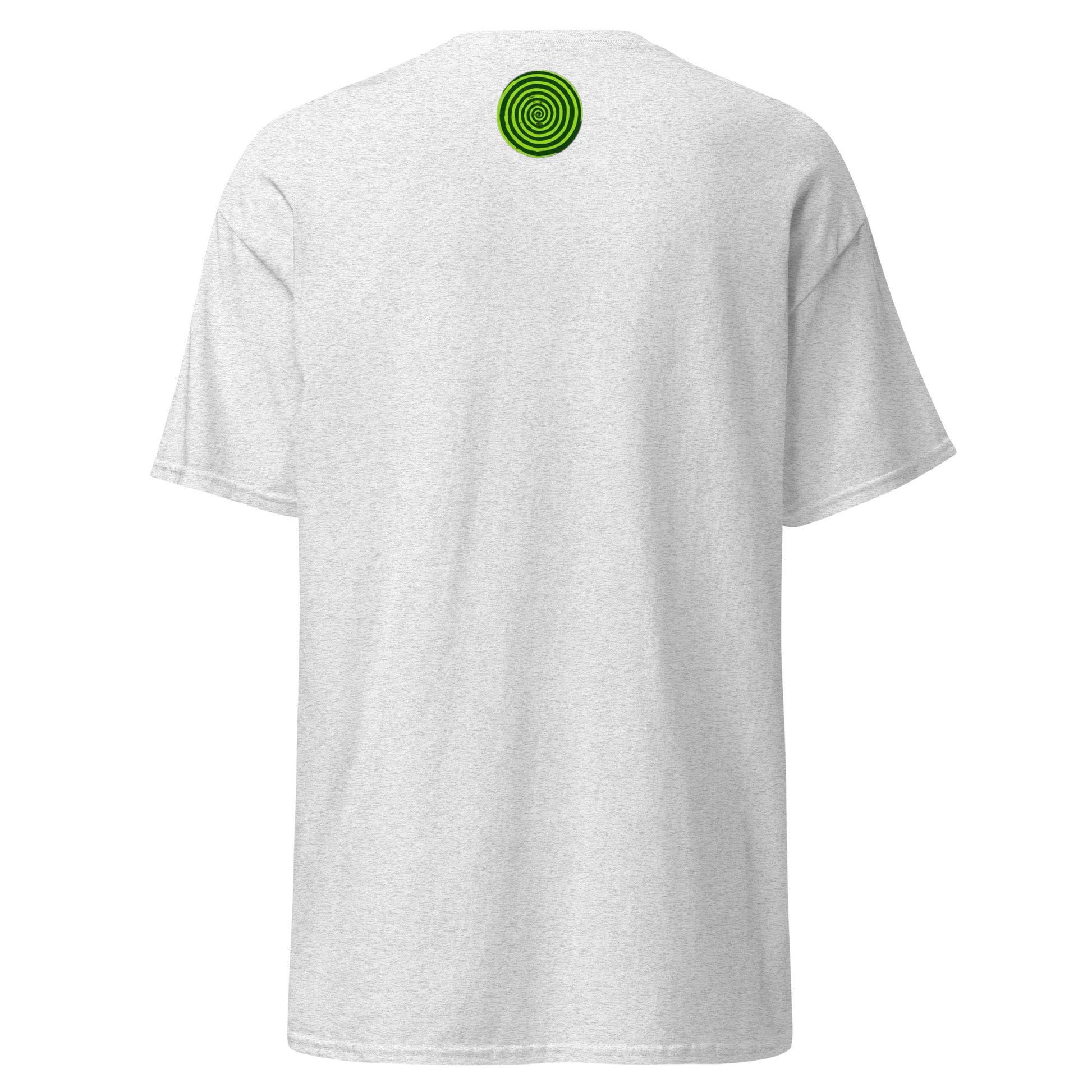White t-shirt with a green circular design on the back against a white background