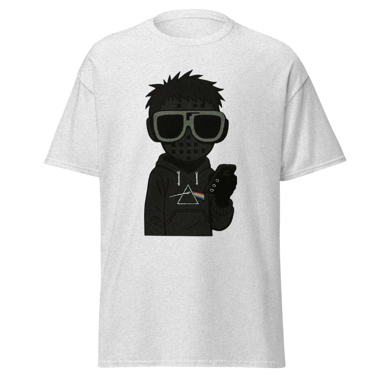 White t-shirt with a graphic design of a person wearing sunglasses and a jacket with a triangle logo on a white background.