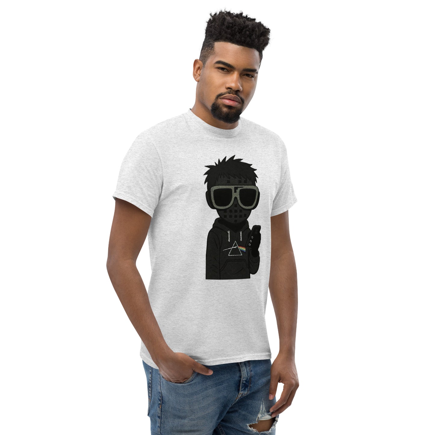 Man wearing a white t-shirt with a graphic design of a person with sunglasses and a beard.