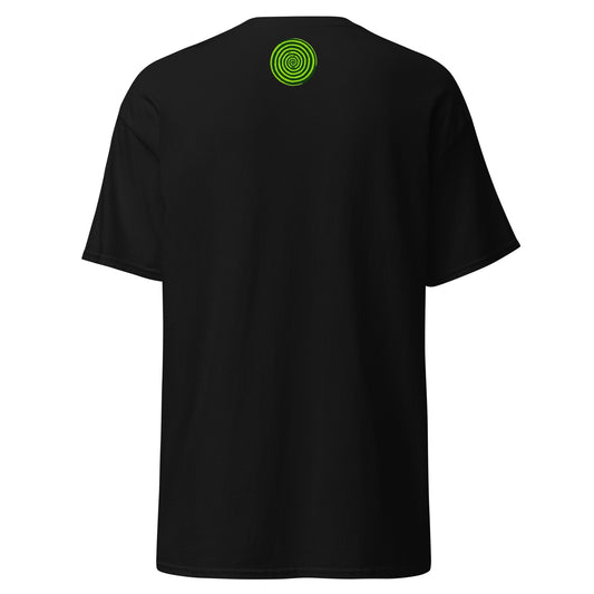 Black t-shirt with a green spiral design on the back against a white background