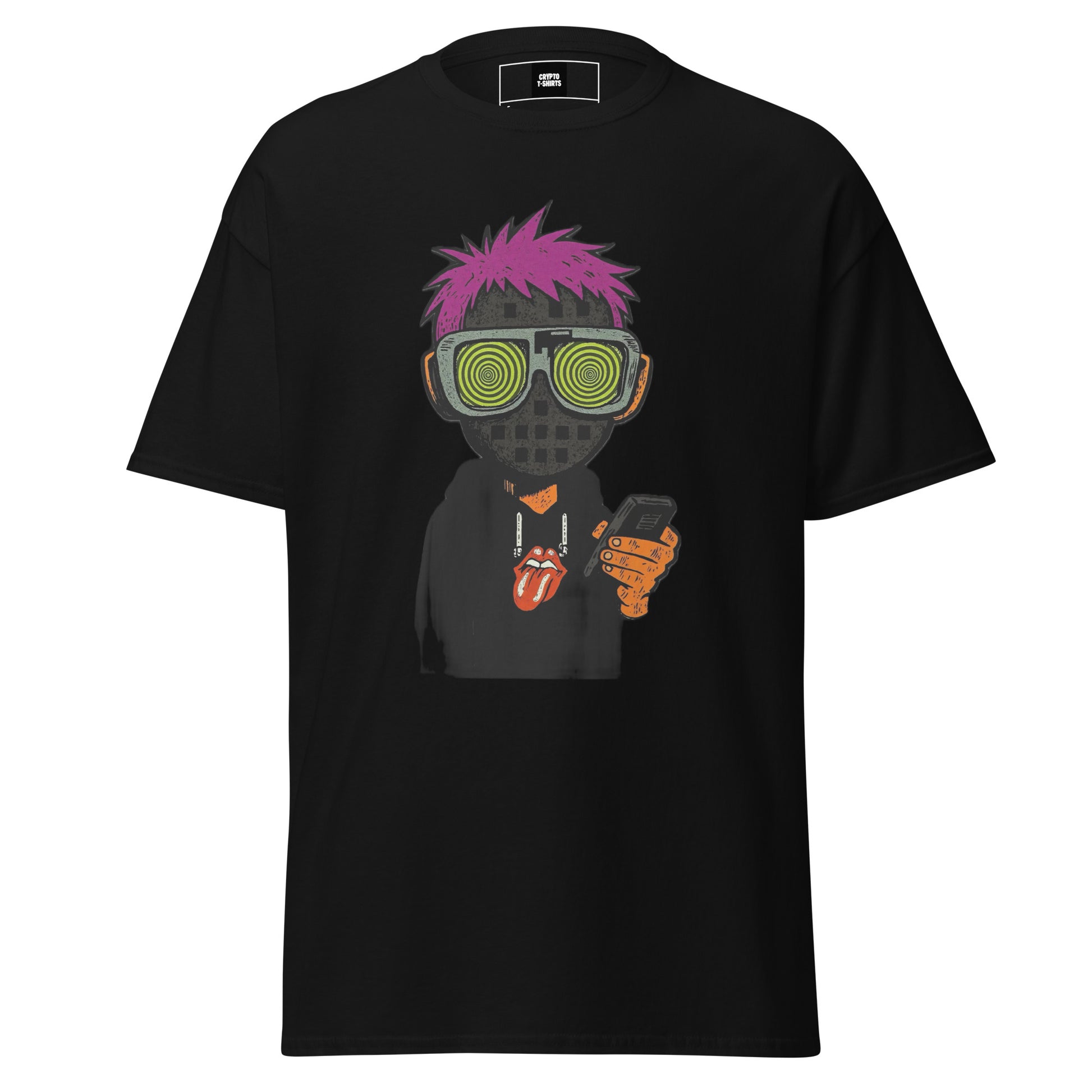 Black t-shirt with a graphic design of a person with pink hair, goggles, and holding a phone on a white background.