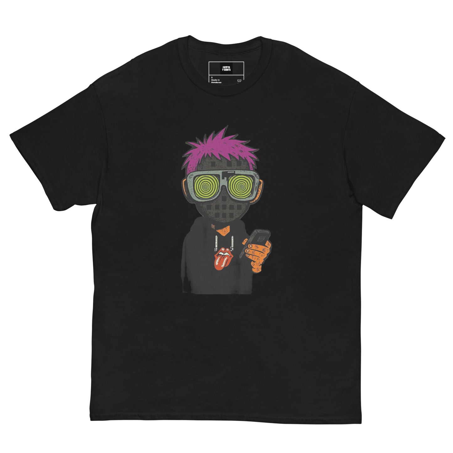 Black t-shirt with a graphic of a person with pink hair and goggles holding a phone on a white background.