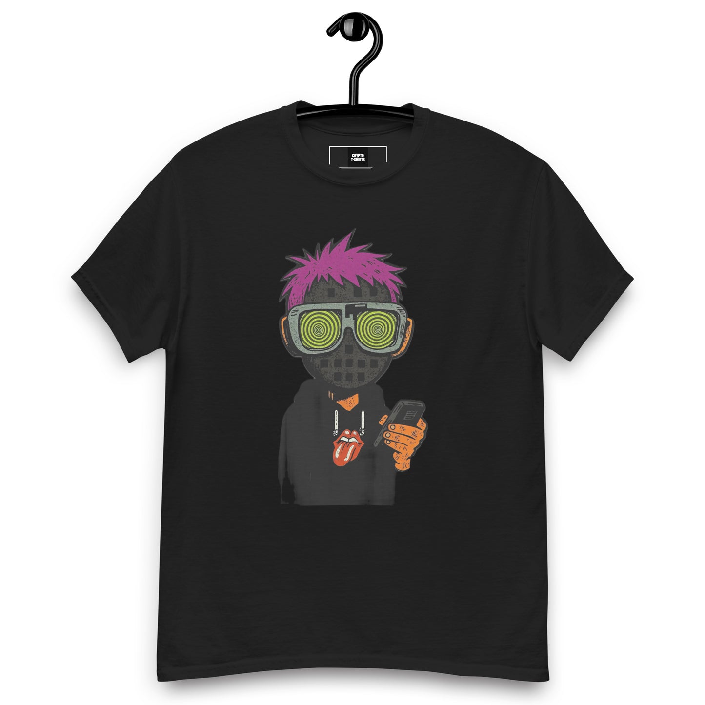 Black t-shirt with a graphic design of a person wearing a gas mask and sunglasses, holding a phone, on a white background.