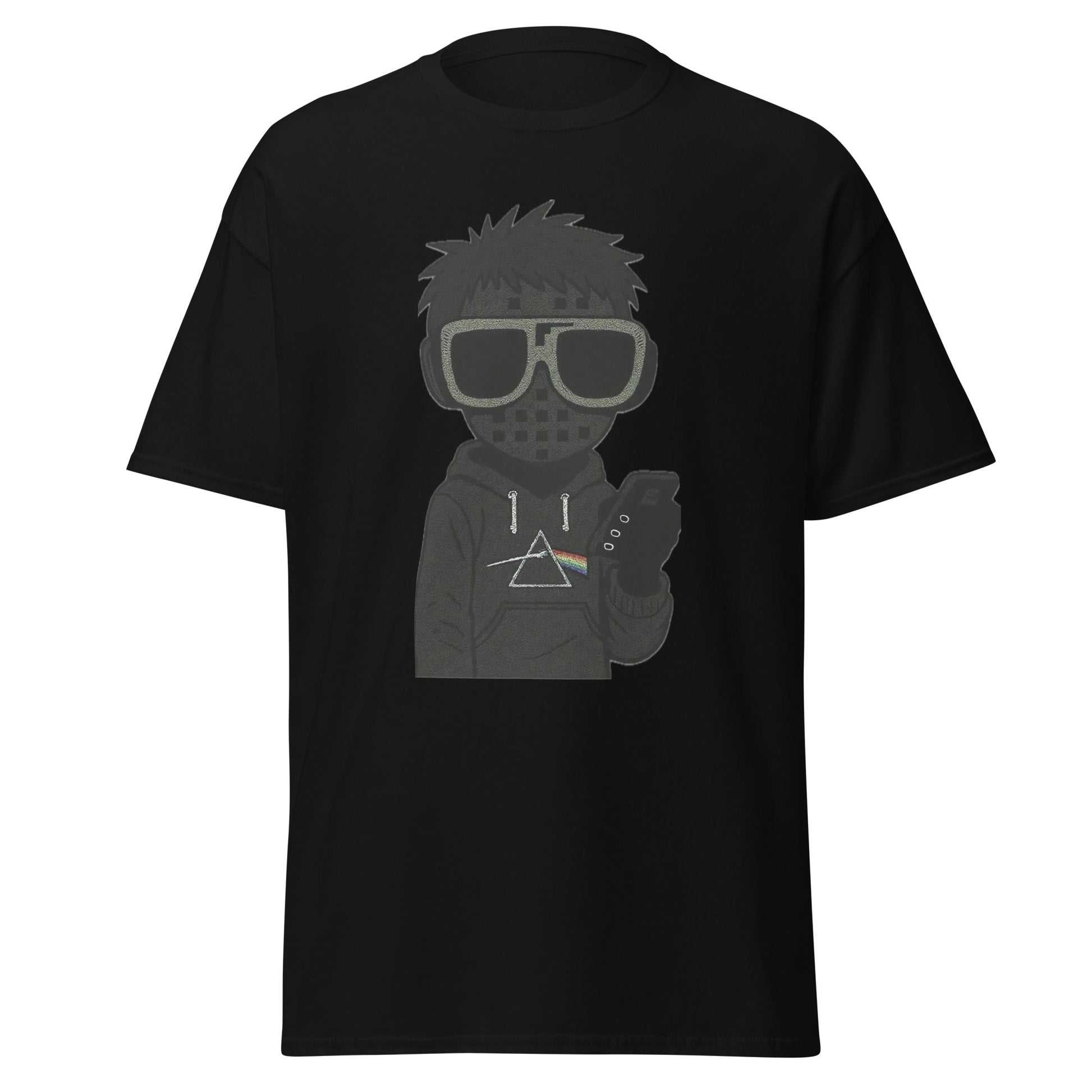 Black t-shirt with a graphic design of a person wearing sunglasses and a hoodie on a white background