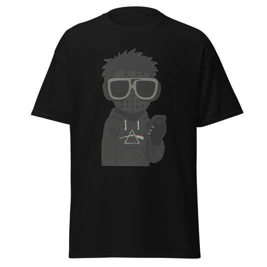 Black t-shirt with a graphic design of a person wearing sunglasses and a hoodie on a white background
