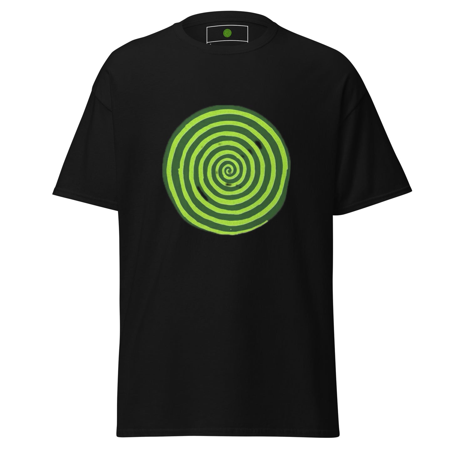 Black t-shirt with a green spiral design on a white background