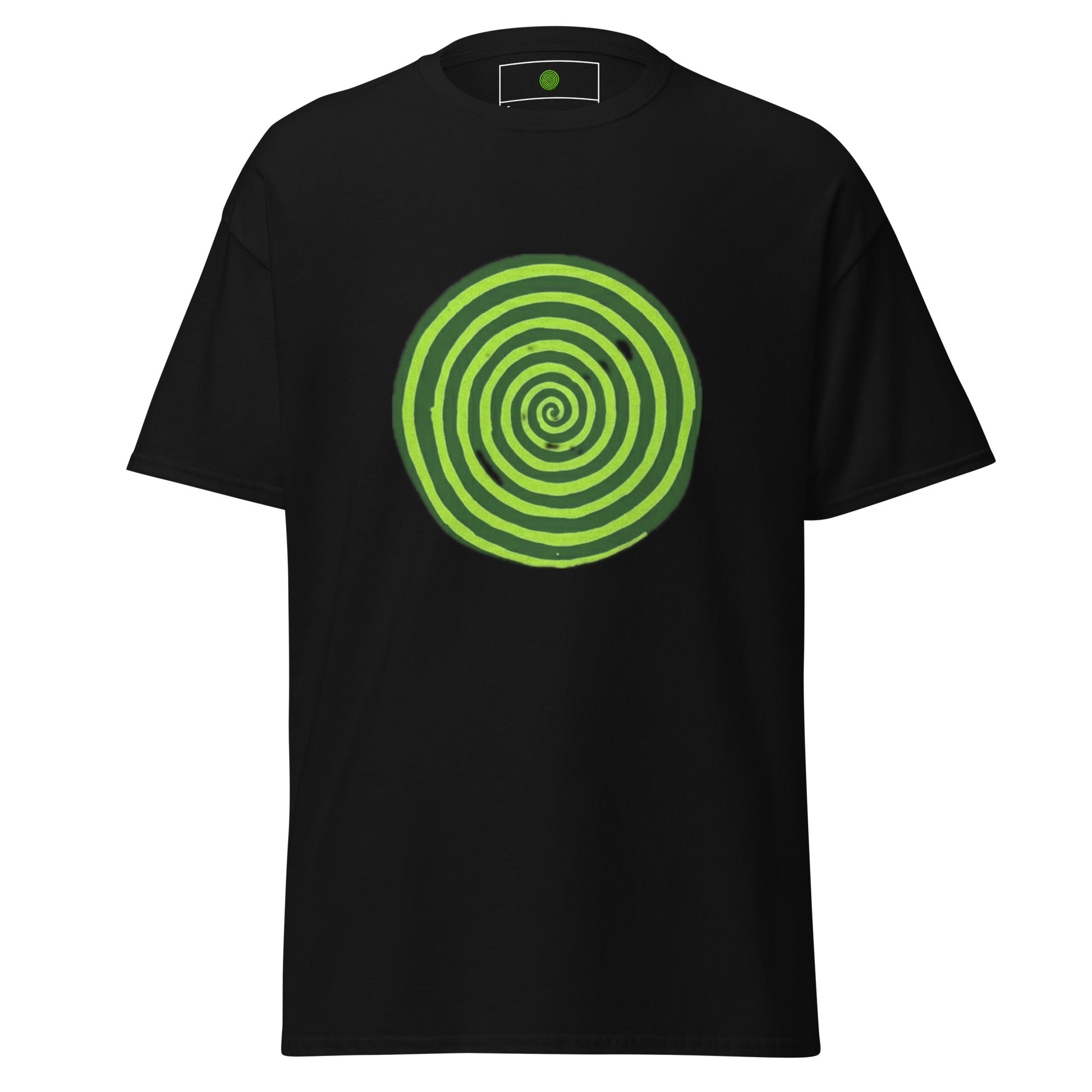Black t-shirt with a green spiral design on a white background