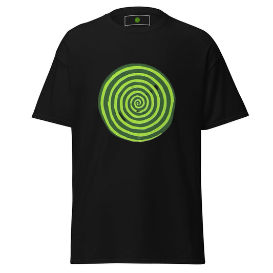 Black t-shirt with a green spiral design on a white background