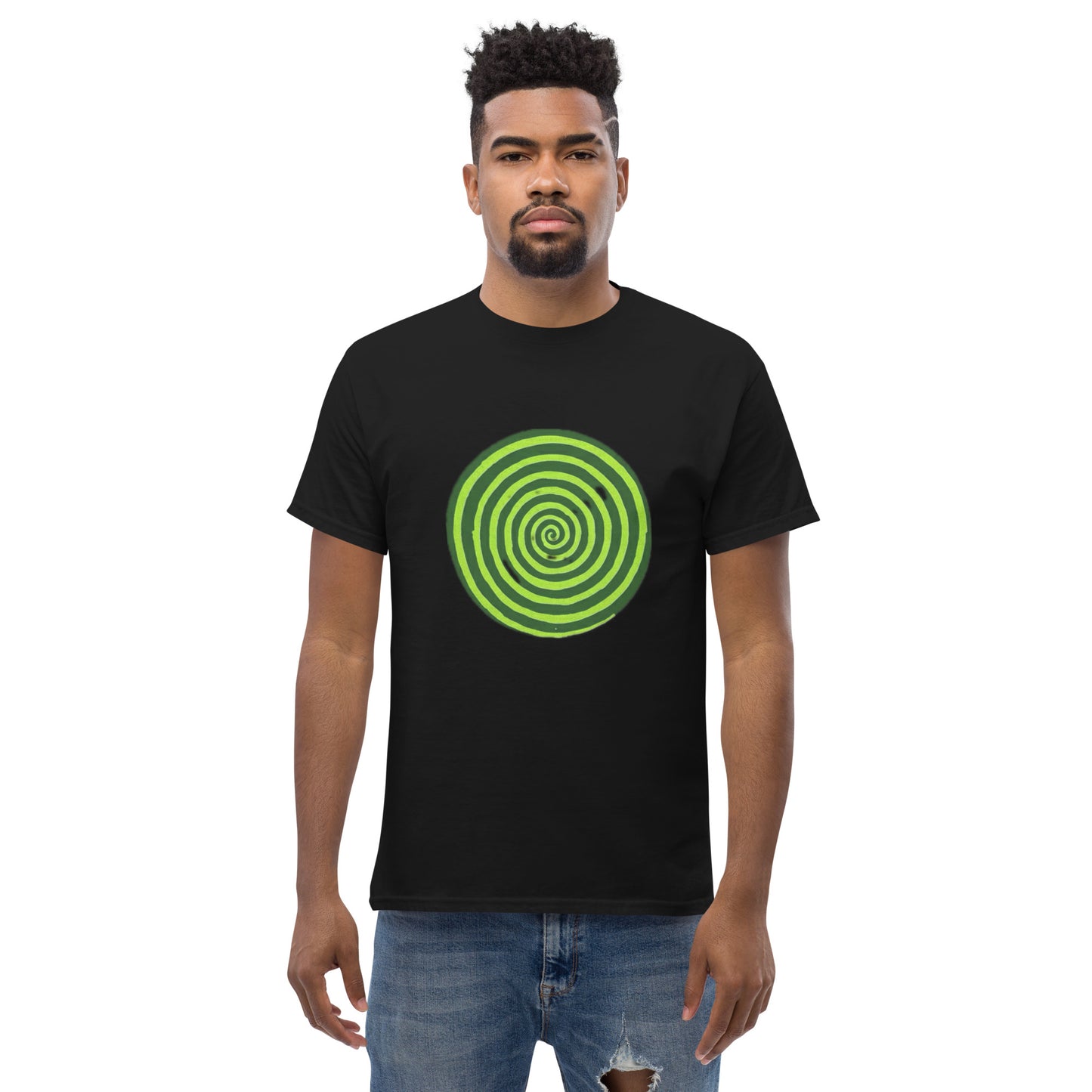 Person wearing a black t-shirt with a green spiral design on a white background