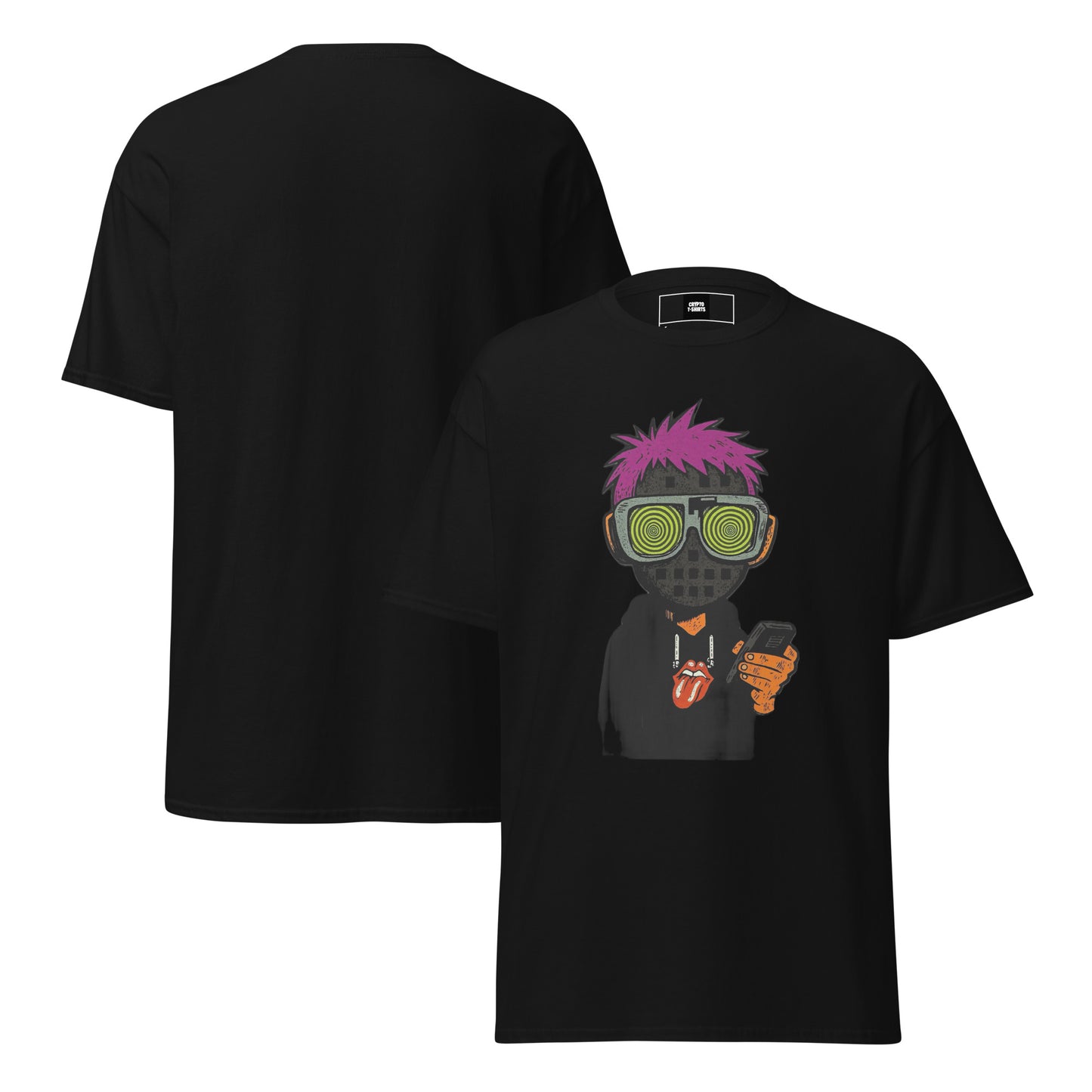 Black t-shirt with a graphic design of a character with purple hair and sunglasses on the front, displayed on a white background.