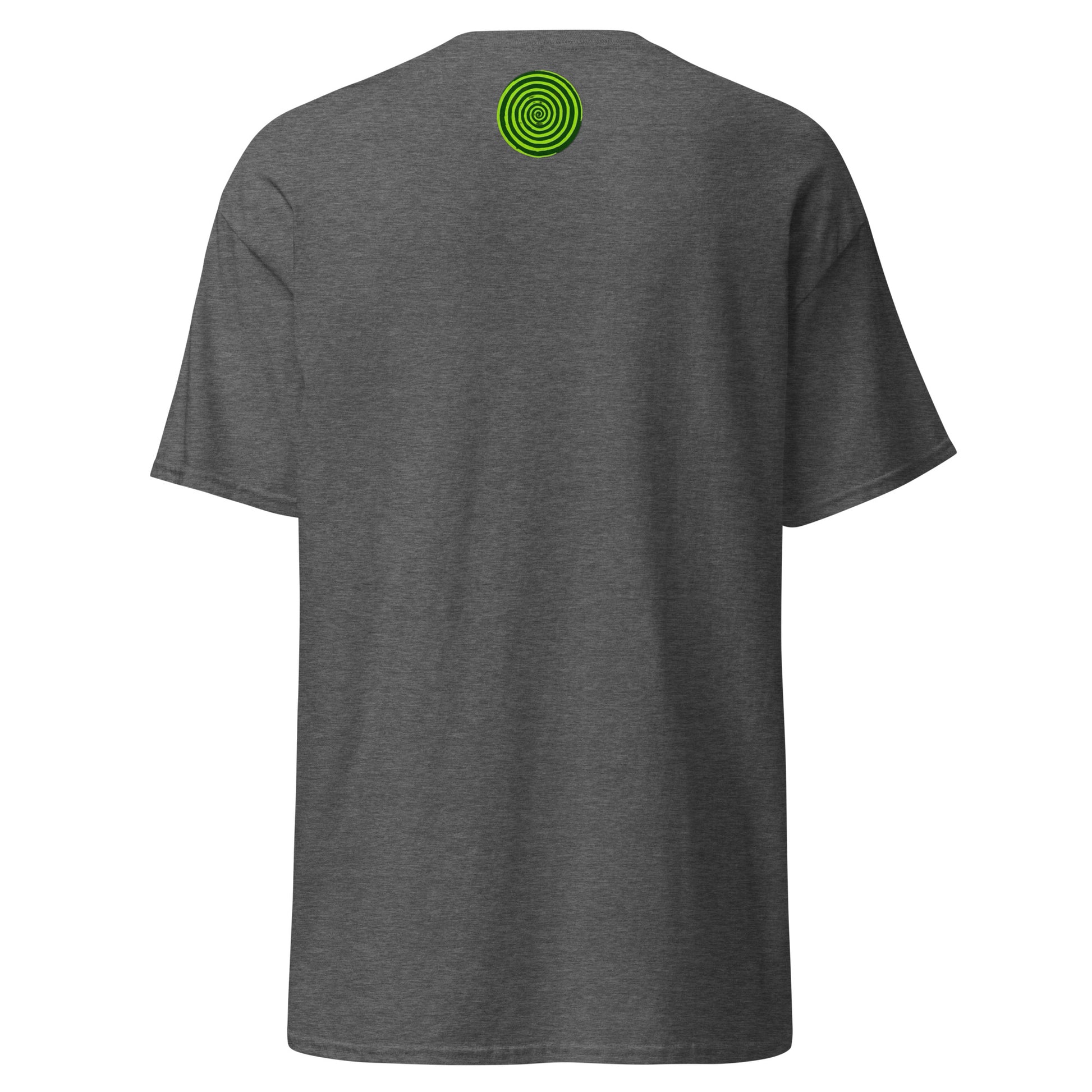 Gray t-shirt with a green spiral design on the back against a white background