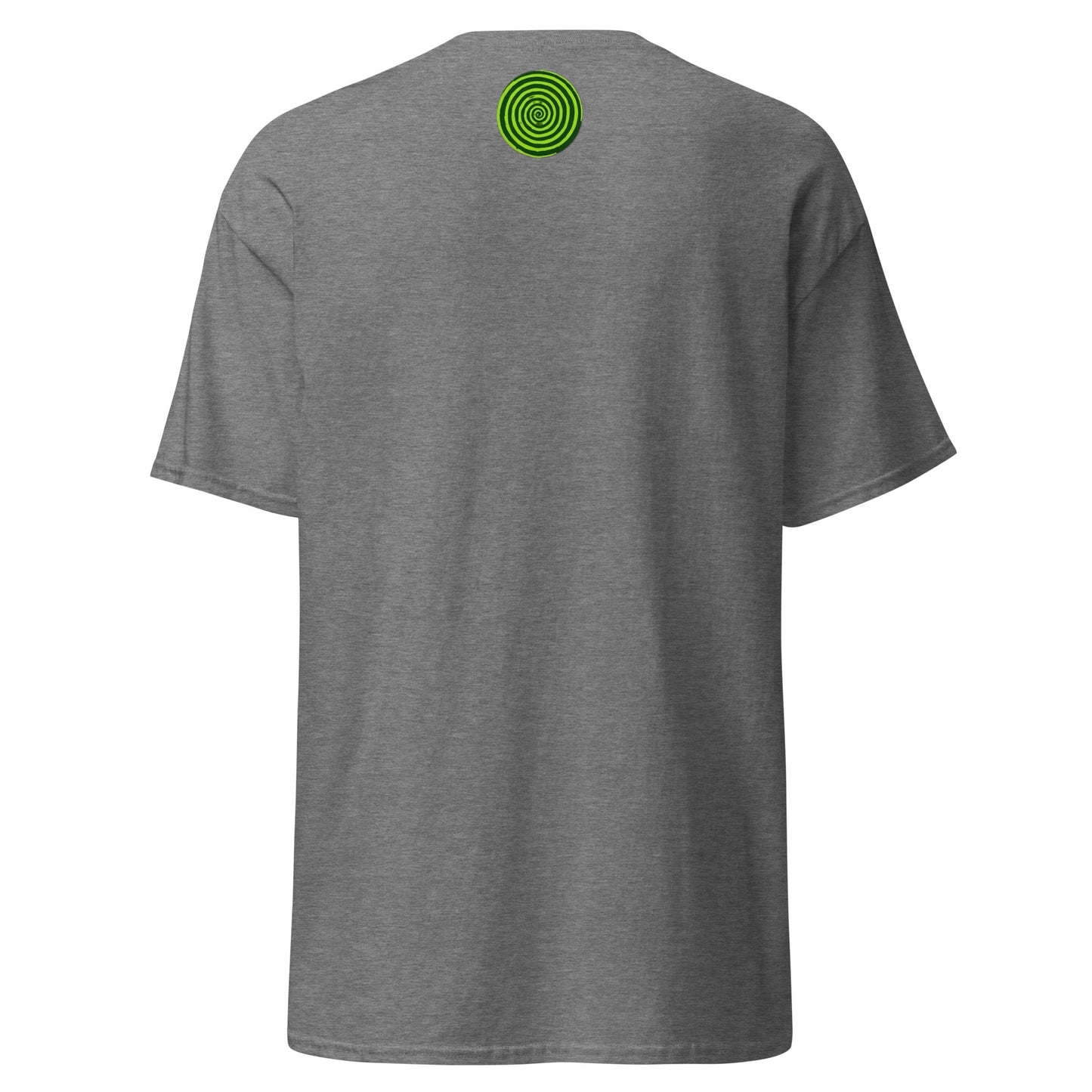 Gray t-shirt with a green spiral design on the back against a white background