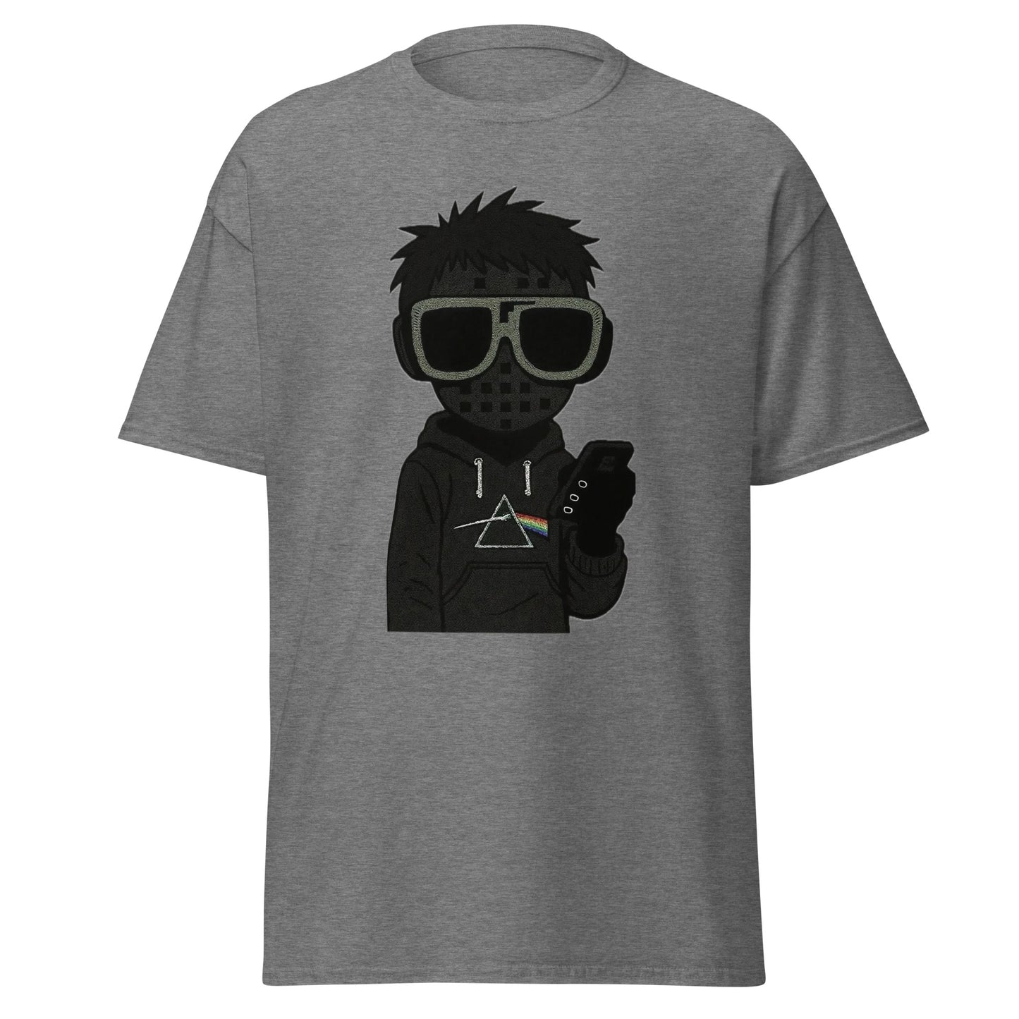 Gray t-shirt with a graphic of a person wearing sunglasses and a hoodie with a triangle logo on a white background