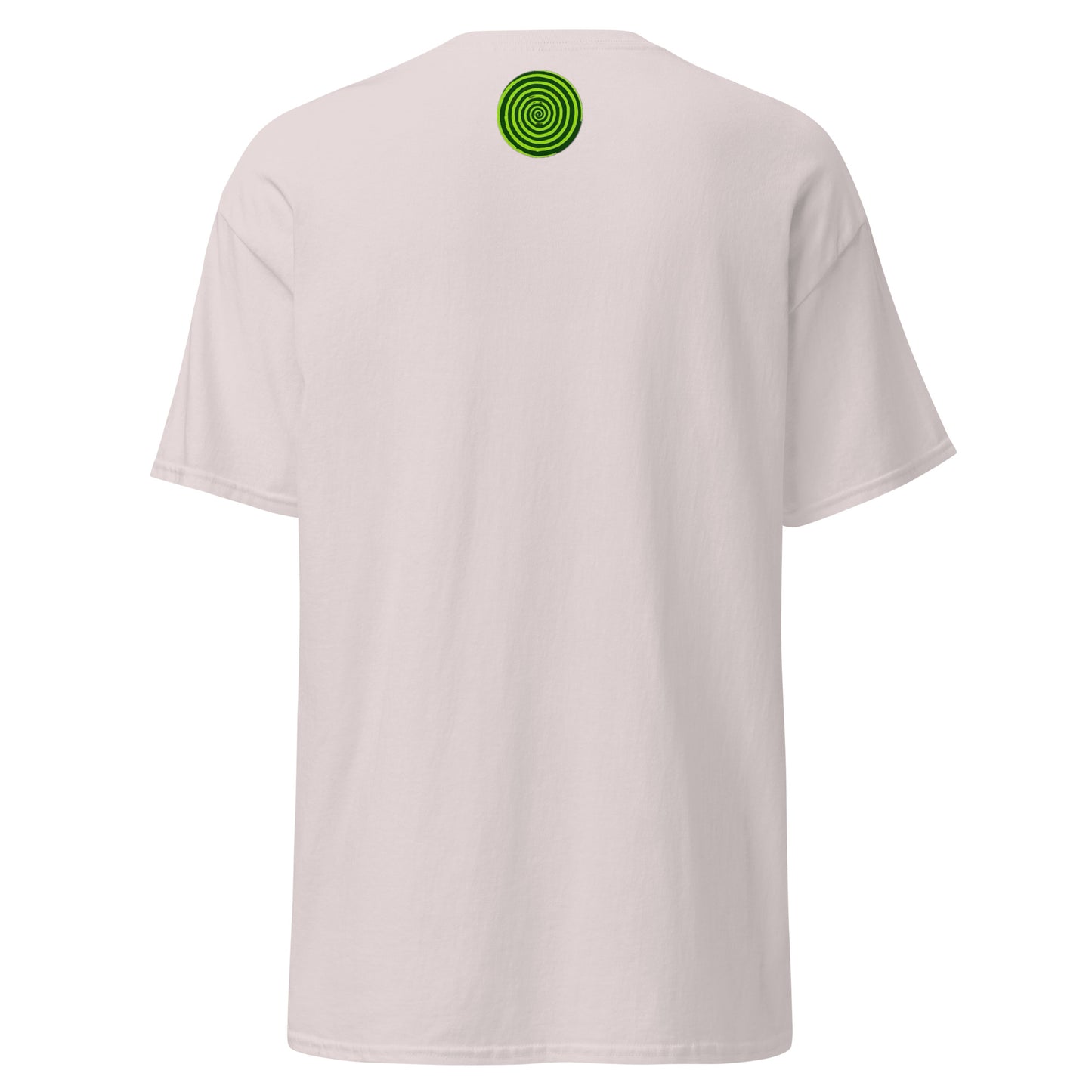 White t-shirt with a green spiral design on the back against a white background