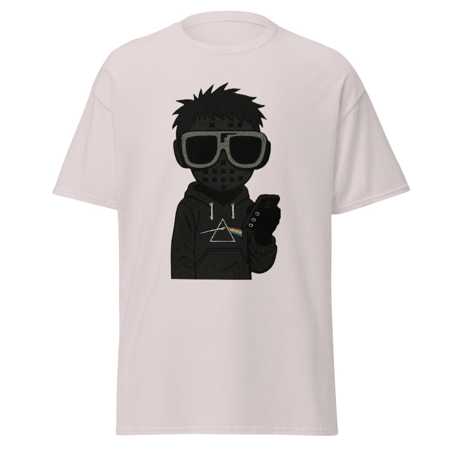 White t-shirt with a graphic design of a person wearing sunglasses and a jacket with a triangle logo on a white background.