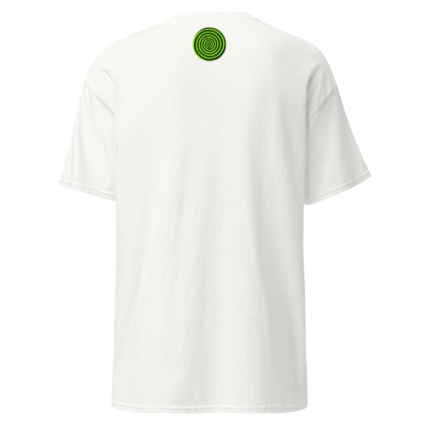 White t-shirt with a green circular logo on the chest against a white background