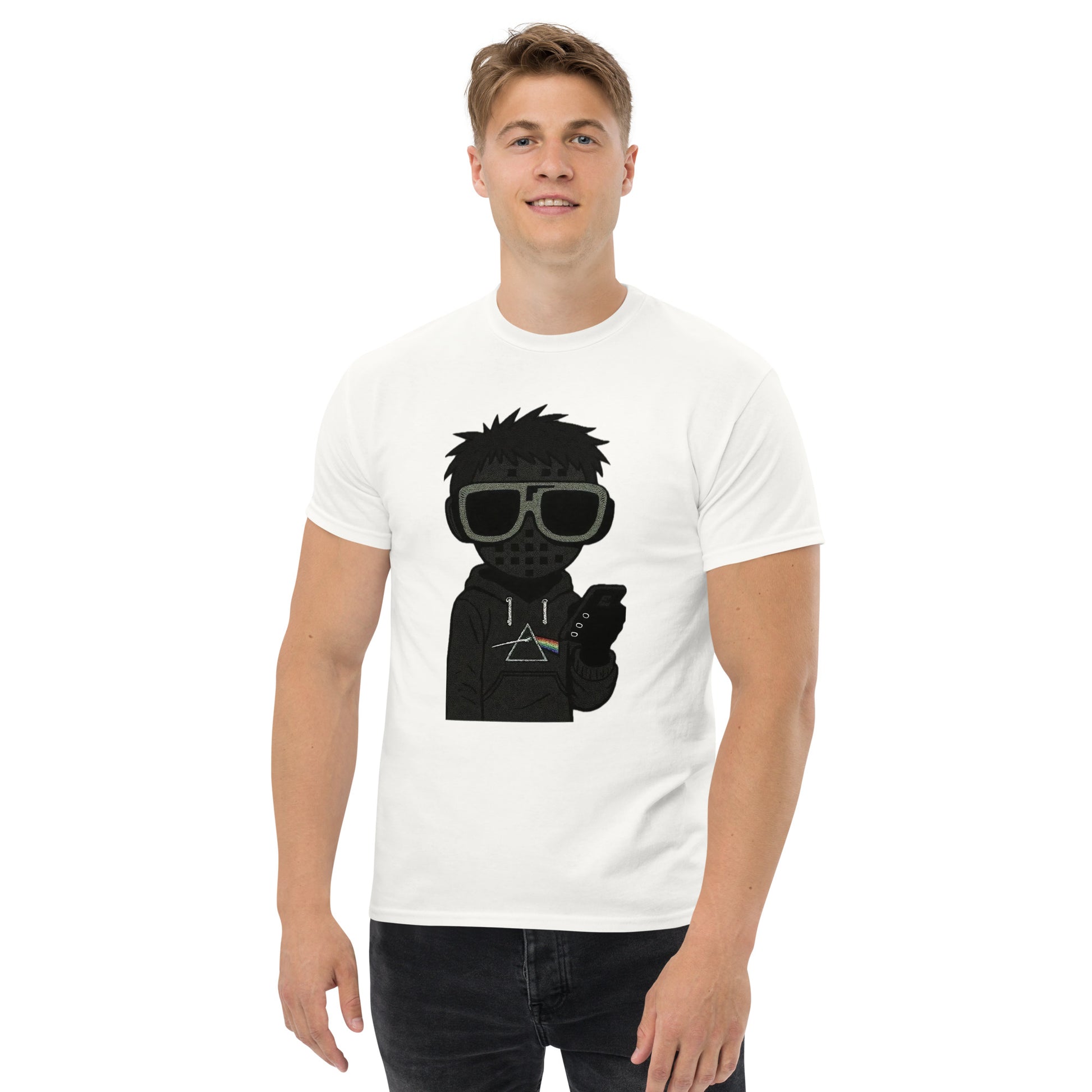 Person wearing a white t-shirt with a black graphic design on a white background