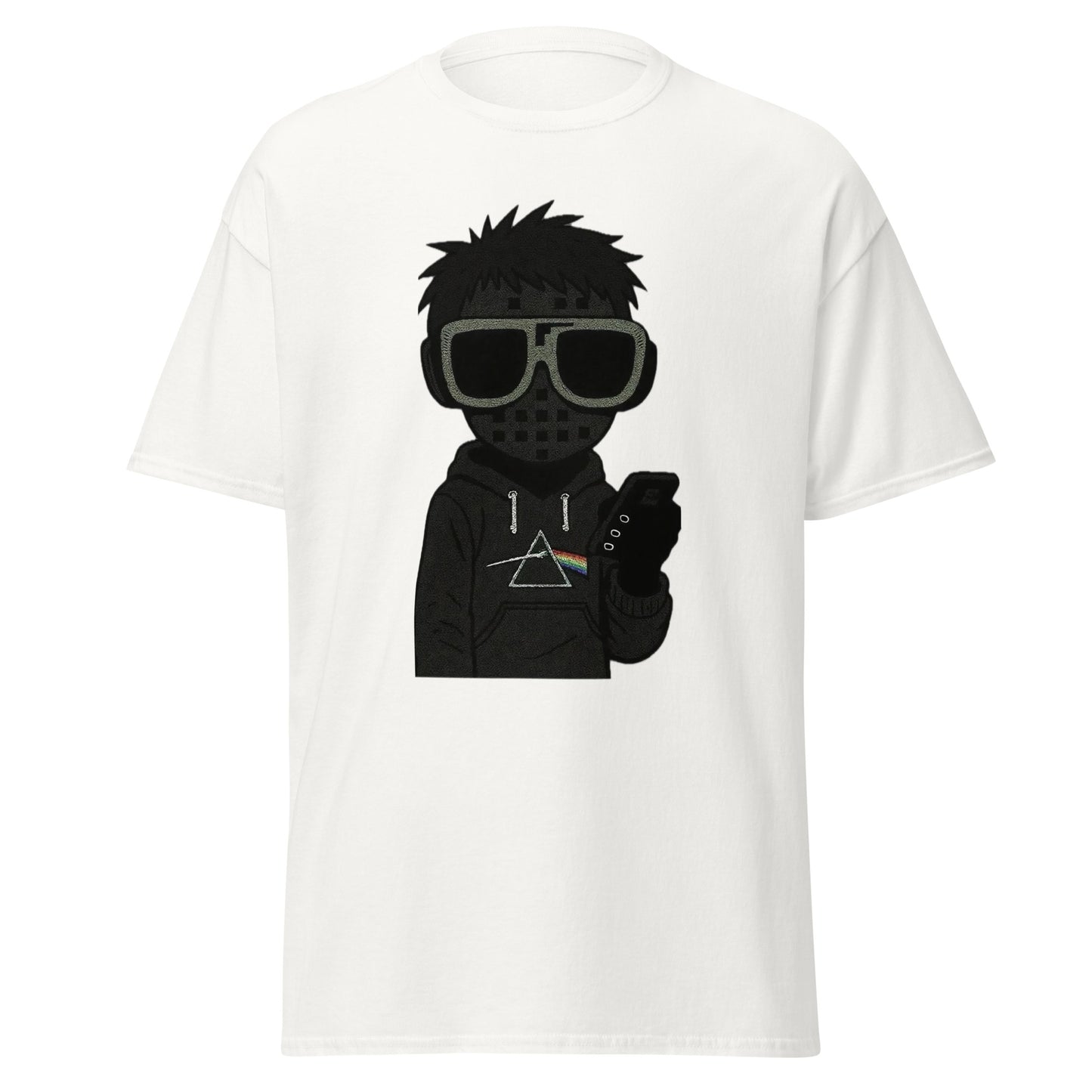 White t-shirt with a graphic of a character wearing sunglasses and a jacket with a triangle logo on a white background