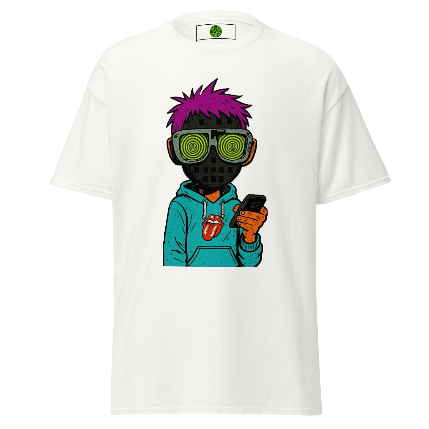 White t-shirt with a colorful graphic of a character wearing a hoodie and sunglasses, holding a phone.