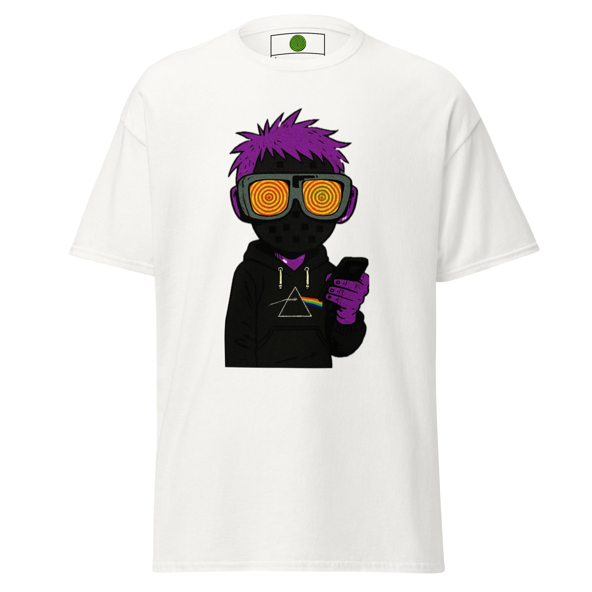 crypto White t-shirt with a graphic of a character wearing goggles and holding a phone, on a white background.