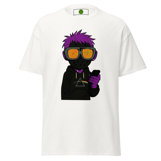 White t-shirt with a graphic of a character wearing goggles and holding a phone, on a white background.