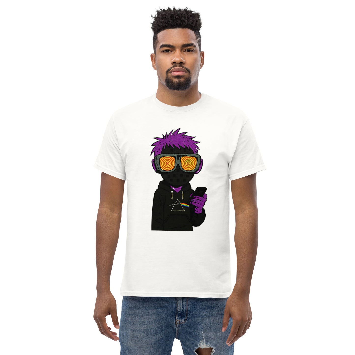 Man wearing a white t-shirt with a graphic design of a person with purple hair and goggles.
