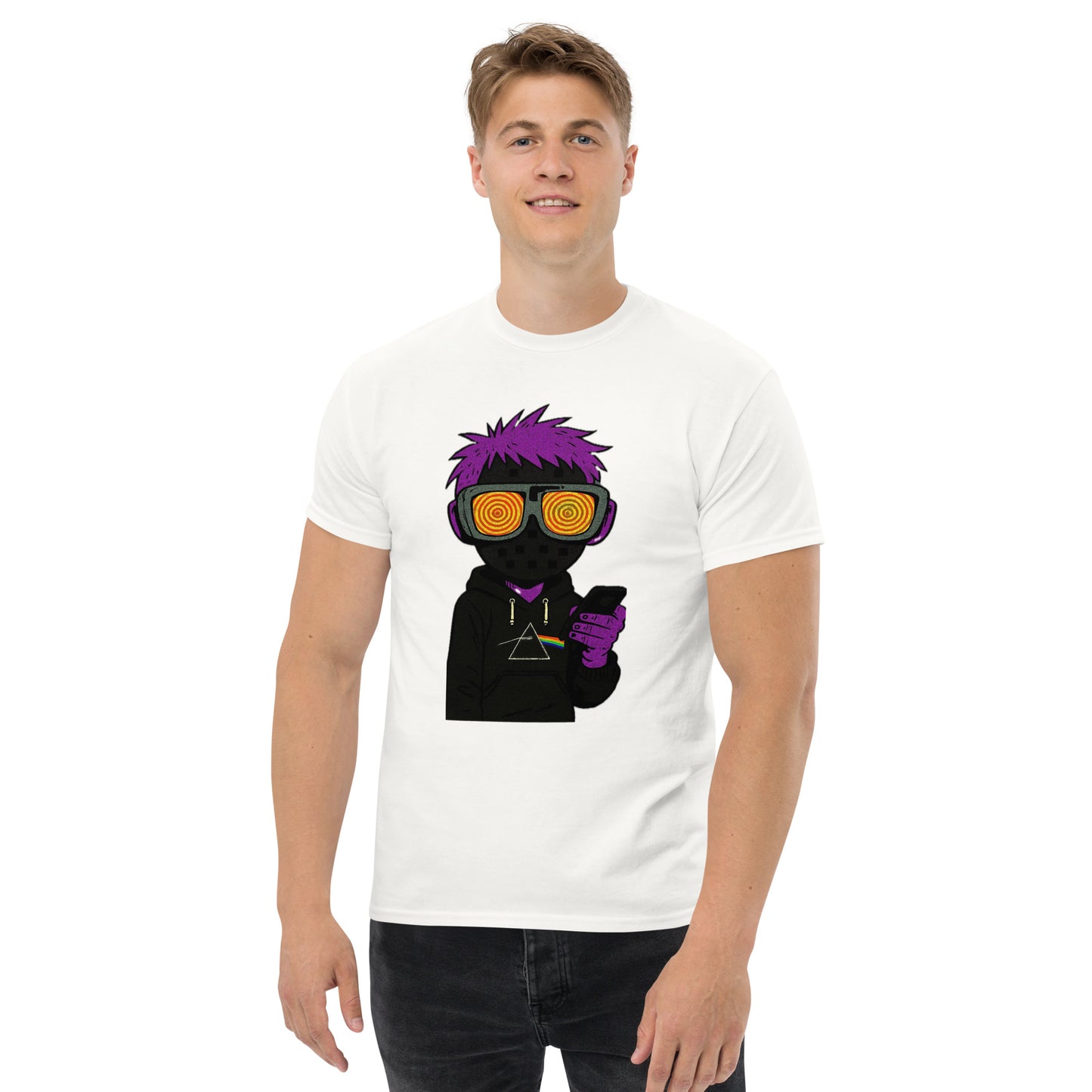 Person wearing a white t-shirt with a graphic design of a character with purple hair and orange goggles.