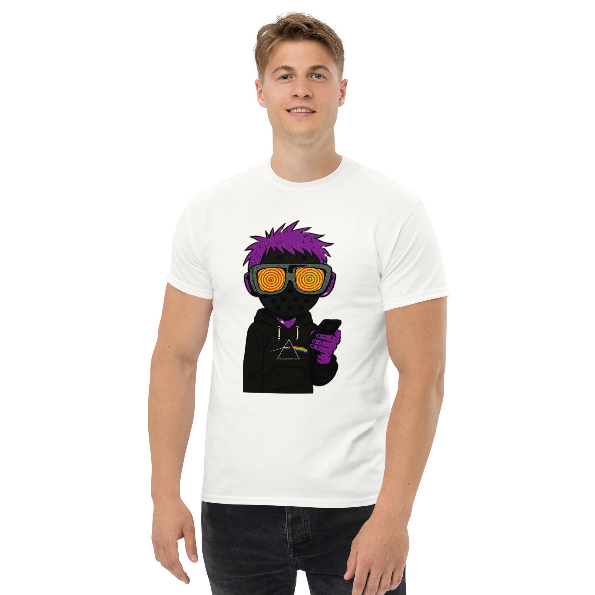 Person wearing a white t-shirt with a graphic design of a character with purple hair and orange goggles.