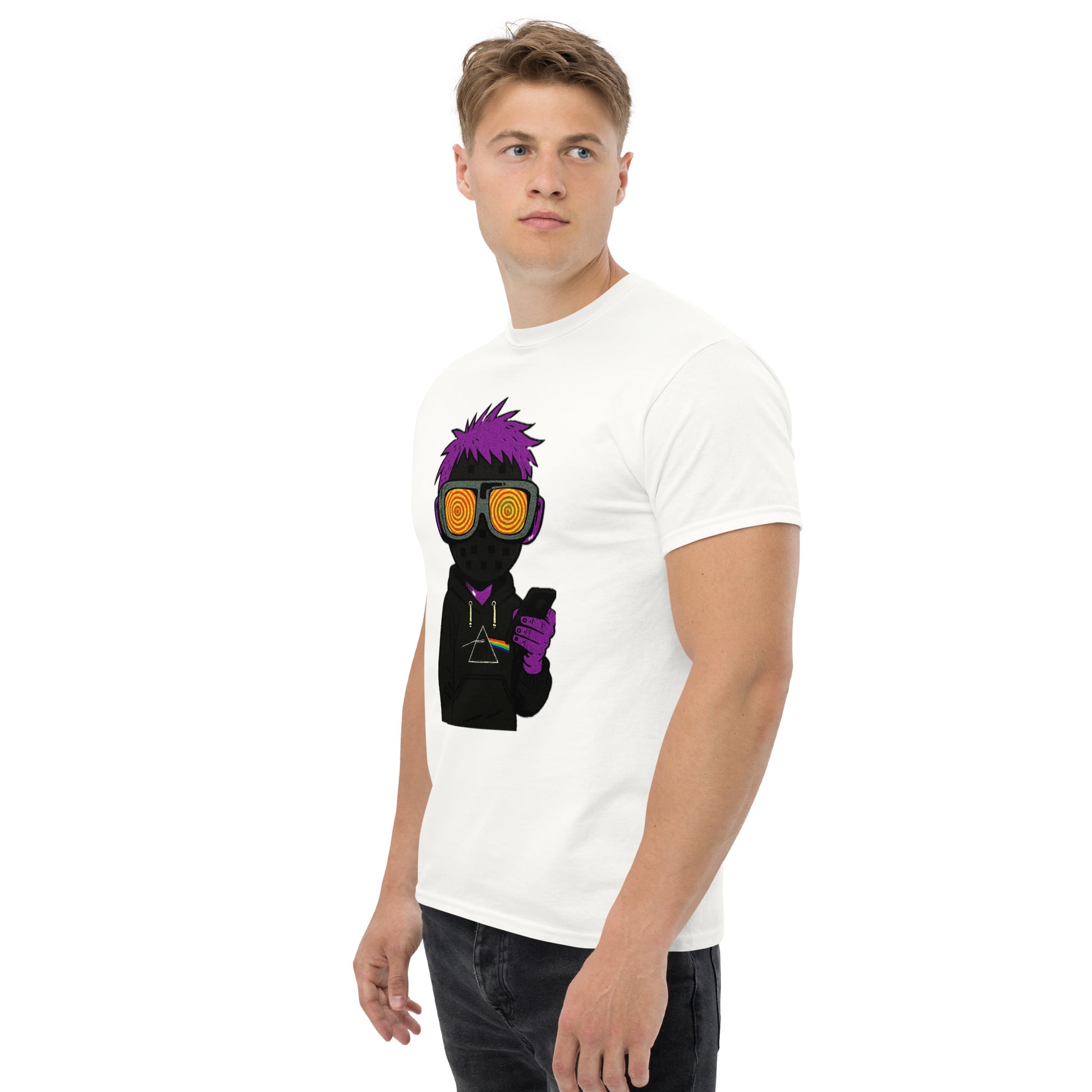Person wearing a white t-shirt with a graphic design on a white background